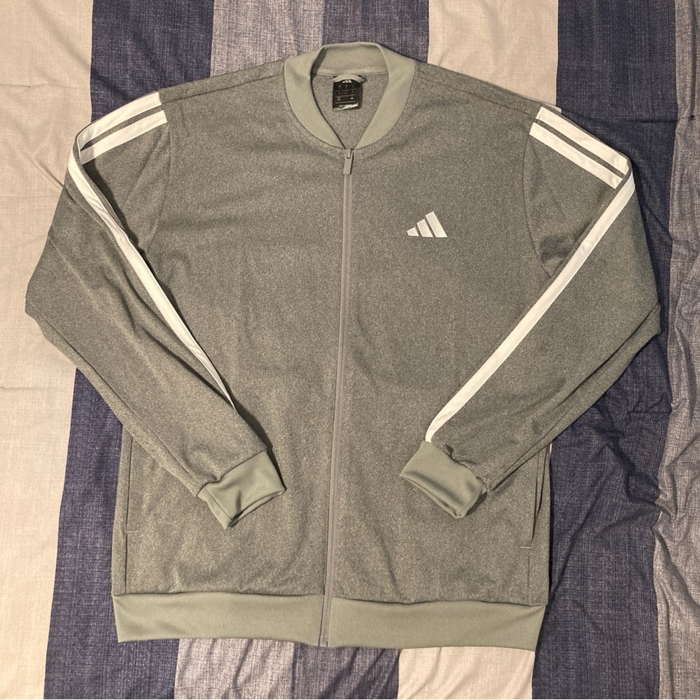 Adidas Mens Stylish Performance Track Jacket Sz L Grey 3 Stripes Full Zip